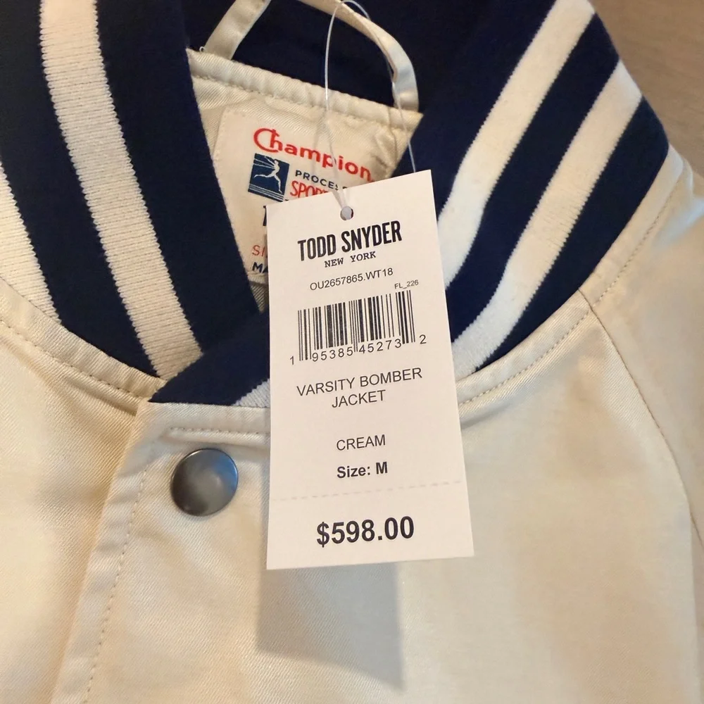 Todd Snyder x Champion Cream Striped Satin Bomber Jacket size Medium NWT - Picture 3 of 10